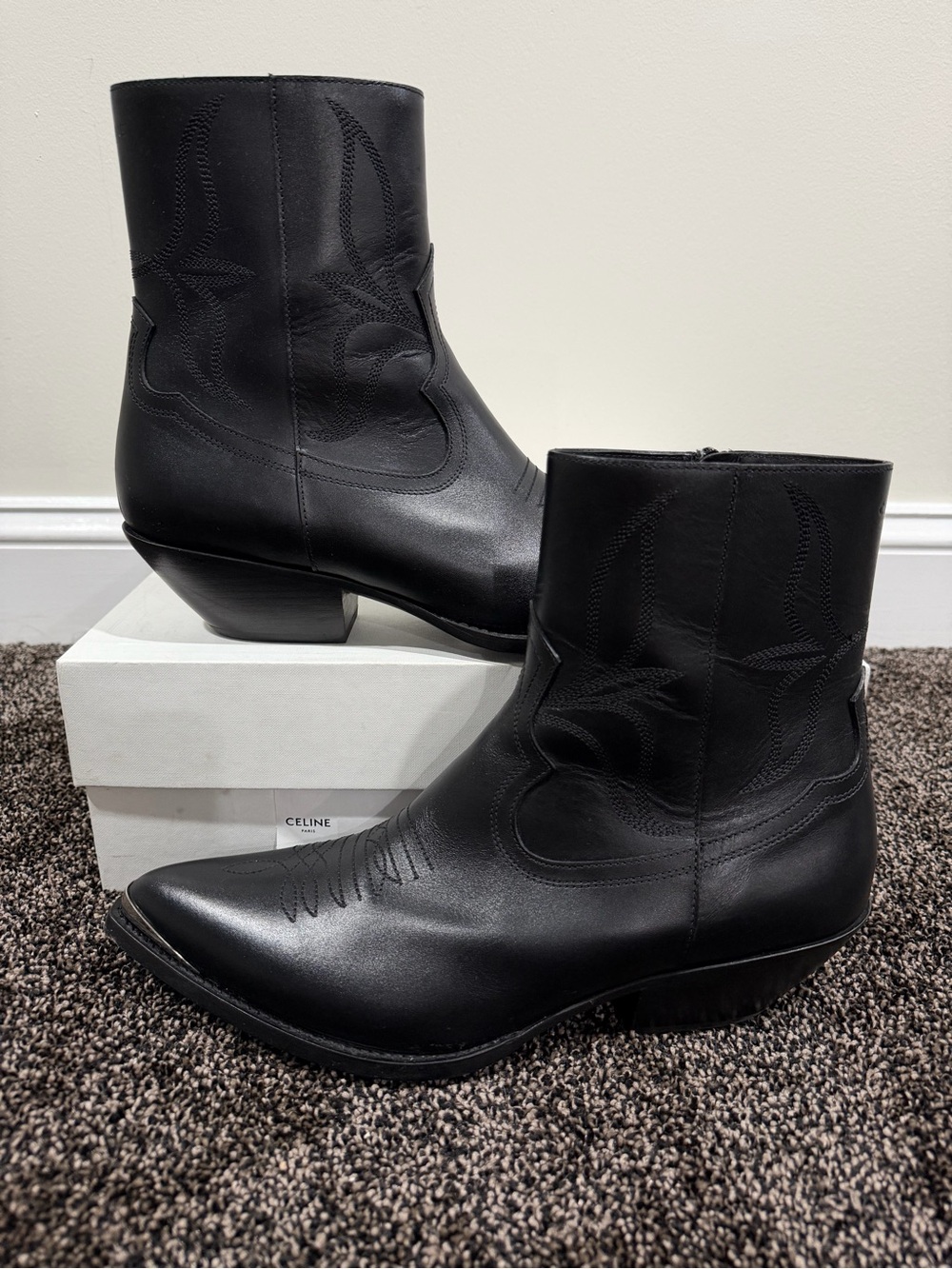 Celine x Hedi SS24 Leon Zipped Shiny Calfskin Leather Metal Toe Black Boot